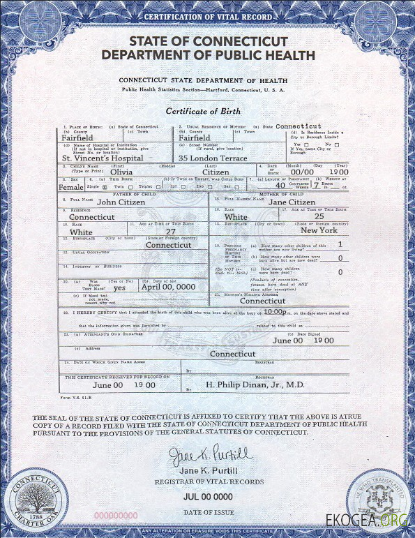 Modèle de certificat de naissance de l'État du Connecticut aux États Unis au format PSD
